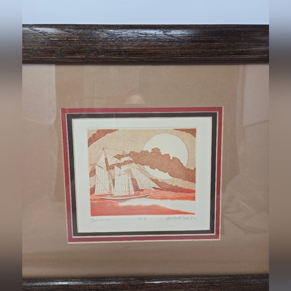 Schooner By Robert Paul 1976 Original Etching Signed By Artist In Wood Frame - Picture 3 of 16